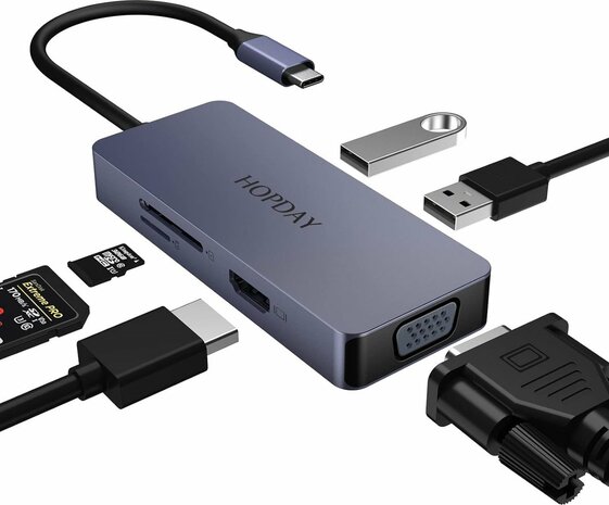 Hopday 6-in-1 USB-C Hub - 4K HDMI - Premium Kwaliteit aluminium - Mac OS/WIndows