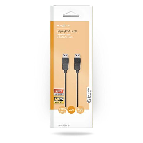 DisplayPort-Kabel Male &gt; Male | 4K@60Hz | Vernikkeld | 2.00 m | Rond | PVC | Zwart | Doos